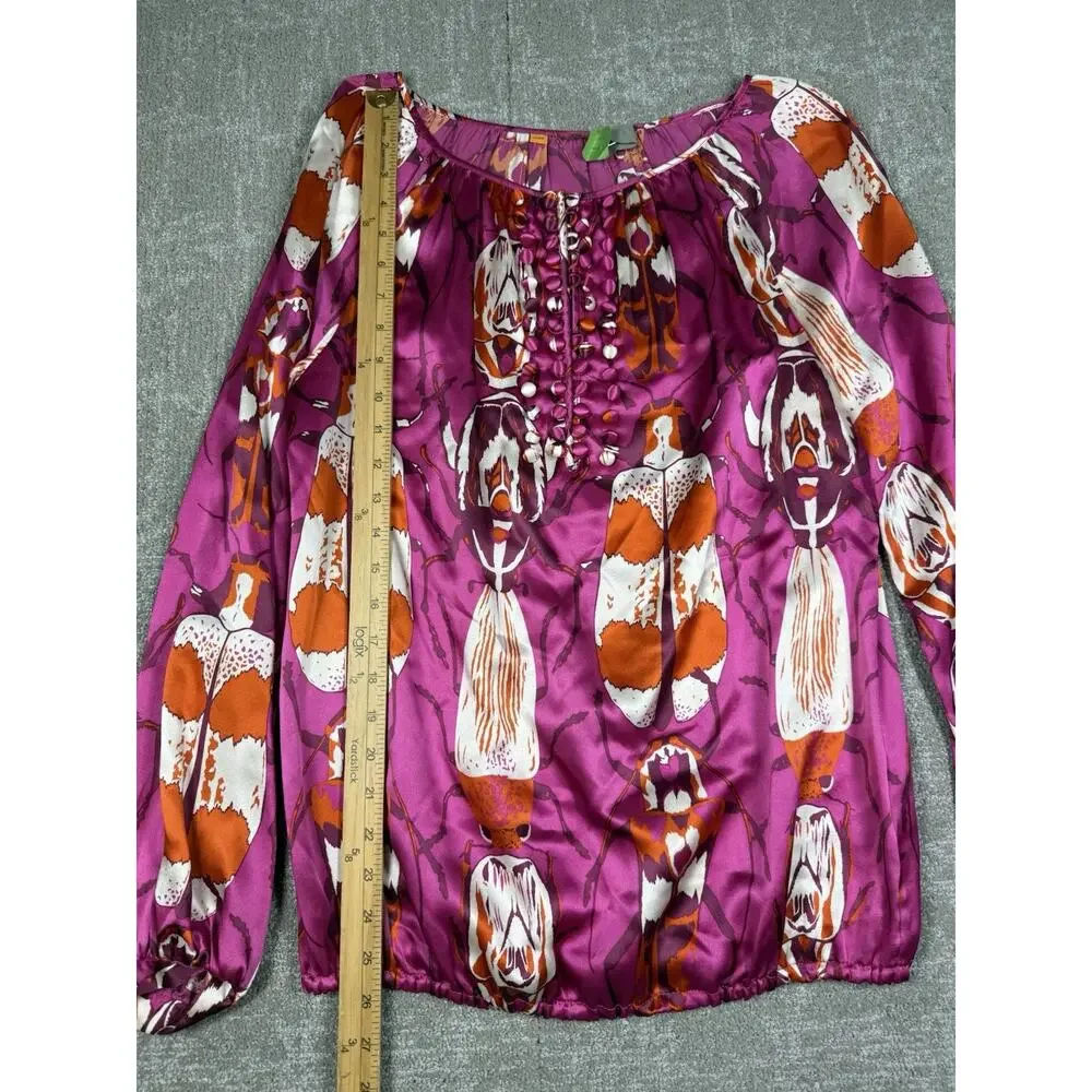 Tory Burch 100% Silk Beetle Print Top Fuchsia Orange Cream Size 6 - Picture 3 of 8